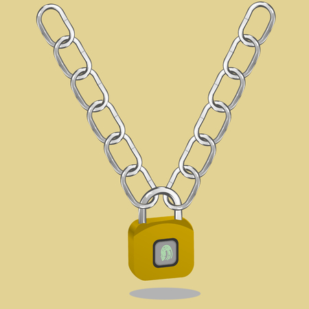 Padlock with finger scan with gray metal chain. flat icon.のイラスト素材
