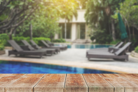 Wood walk Outdoor in ground residential swimming pool.の写真素材