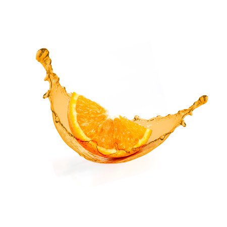 Fresh orange fruit juice splash on white background isolate.の写真素材