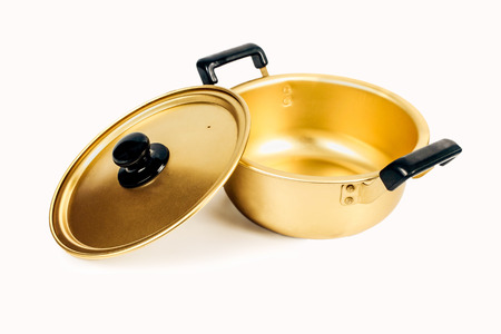 Gold metallic pot kitchenware on white background.の写真素材