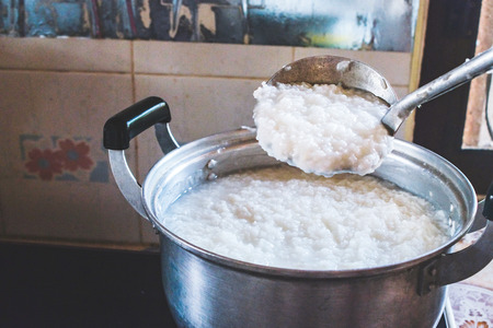 Home made congee from jusmin rice ,Asian rice porridge food.の写真素材
