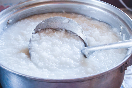 Home made congee from jusmin rice ,Asian rice porridge food.