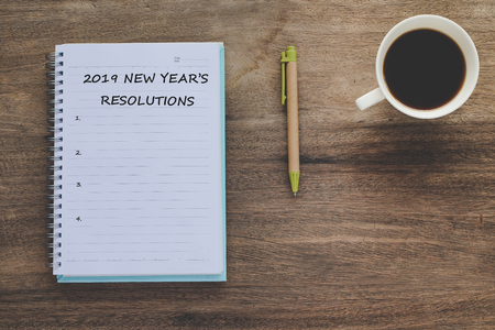 New year's 20019 plan text on book note with cup of coffee, pen and smartphone.の写真素材