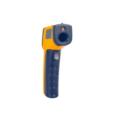 Yellow Infrared thermometer gun used to measure temperature  on white background.