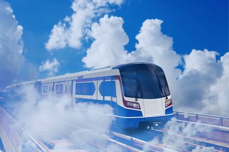 Flying Sky train on blue sky with cloud .
