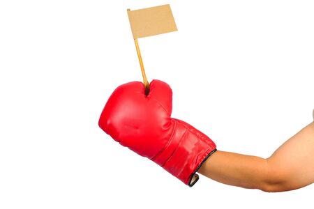 Red leather boxing gloves hold a small flag on white.の写真素材