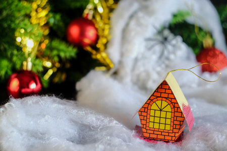 Miniature house for christmas decoration on rustic table,Christmas background.の写真素材