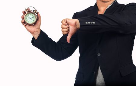 Men showed alarm clock to employee come to work late.