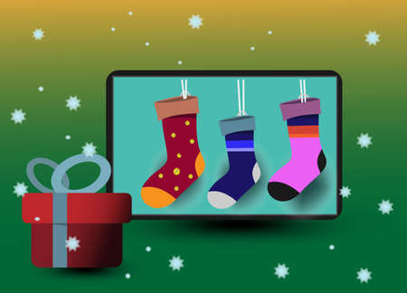 Christmas socks in tablet with gift box .のイラスト素材