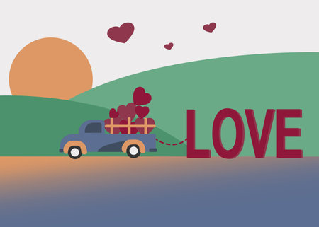 Heart in love truck with love text at park.のイラスト素材