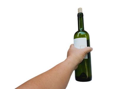 Wine bottle in hand for celebration on white background