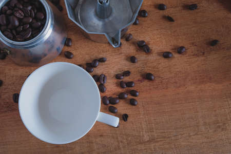 Coffee maker home made with empty white mug on wood table.の写真素材