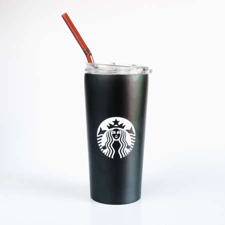 Bangkok ,Thailand - May 2 2021 : A cup of Starbucks coffee with logo isolated on background.のeditorial素材