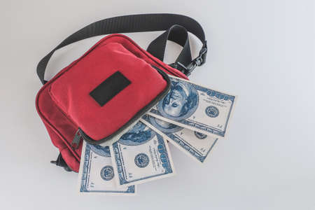 Stack of dollar banknotes in red canvas bag.の写真素材