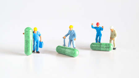 Worker figure with herb drug capsule ,health concept.