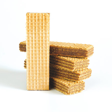 Wafers with chocolate on white background. food health.の写真素材