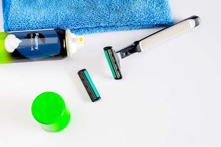 Shaving tools , foam, shaver. Safety razor with shaving cream.