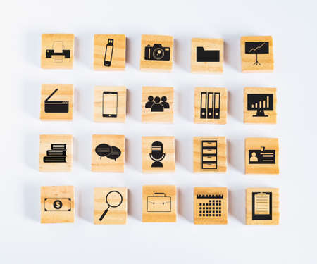 Wood Square or cubes with icon on Background.の写真素材