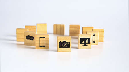 Wood Square or cubes with icon on Background.の写真素材