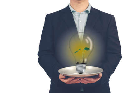 Businessman hold tray with Plant growing in Light bulb.