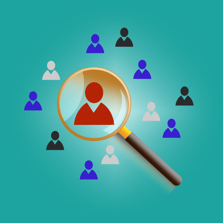 Magnifier glass focus to manager icon which is among staff icons for human development recruitment.のイラスト素材