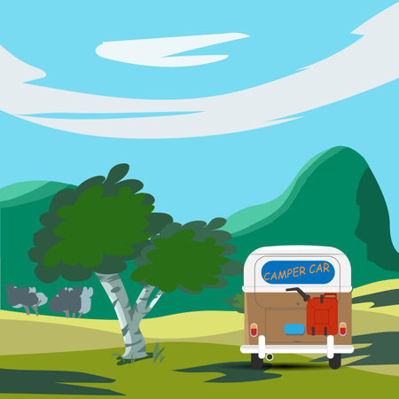 Camping in a beautiful rain forest park. Camper travel concept,のイラスト素材