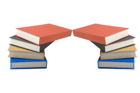 Stack of many hardcover books isolated on white background.の写真素材