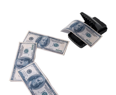 Banknote in Plastic mouse trap, Business trap or scammer concept.