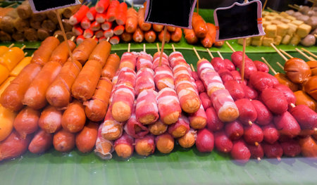 Hot Dog. Sausages. Bacon wrapped Hot Dogs in bamboo stick for grill.の写真素材