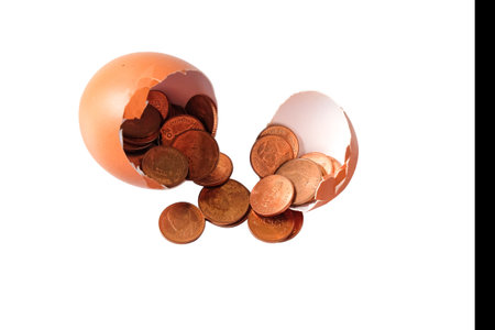 A coin in egg shell on white background.の写真素材