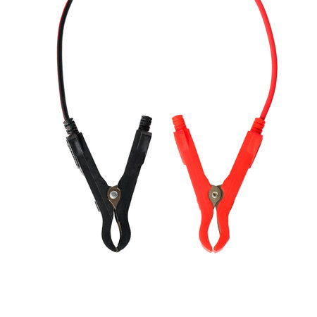 Red and black car battery jumper cables on background.の写真素材