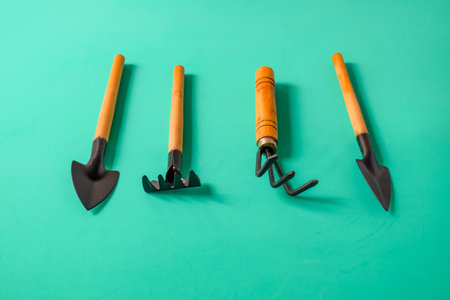 Gardening tools on a color background. Top view,の写真素材