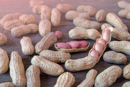 Ground peanuts on wood background ,ingredient food.の写真素材