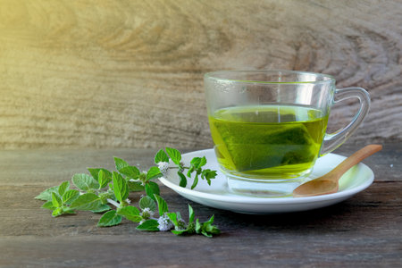 Cup of mint tea and leaves of mint on wood table.