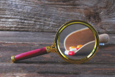 Magnifying glass with pharmaceutical medicine pills,の写真素材