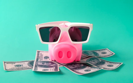 piggy bank with sun glasses over US bank note ,Vocation concept.の写真素材