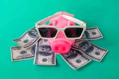 piggy bank with sun glasses over US bank note ,Vocation concept.の写真素材
