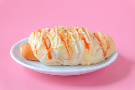 Bread with Sausage and topping with cheese. Studio shot color background.