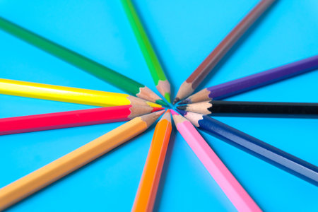 Color pencils on color background, closeup.の写真素材