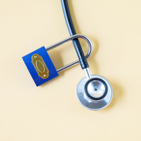 Locked Blue Padlock with stethoscope,concept of health safety.