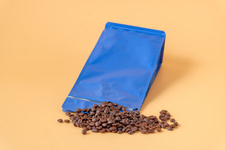 Zip packaging bag for aroma of a product with coffee beans around.