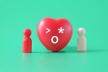 Red heart shape with small wooden figurines ,Concept of family love and care.
