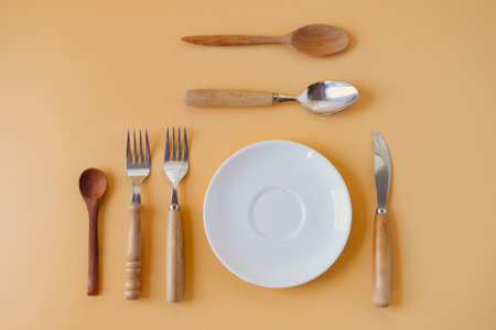 Spoon, Fork and knife with white Empty plate.の写真素材
