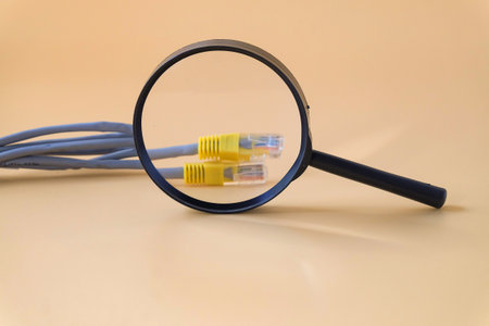 RJ 45 under the magnifying glass ,internet connection concept.