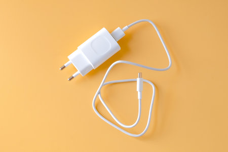 A phone charger and USB cable on background.