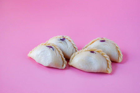 Curry puff snack made from puff pastry skin and filled with curry in dish.の写真素材