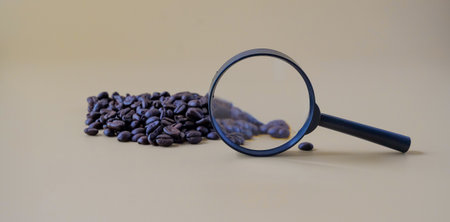 Roasted coffee beans under magnifying glass. quality concept.の写真素材
