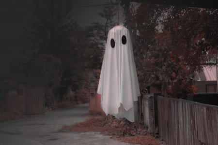 Spooky Boo Ghost flying in dark house. Decoration Boo.の写真素材