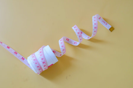 A measuring tape and diet pills lying on color background.concept of weight loss .