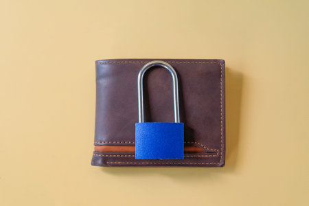 Padlock on leather wallet with paper bills.